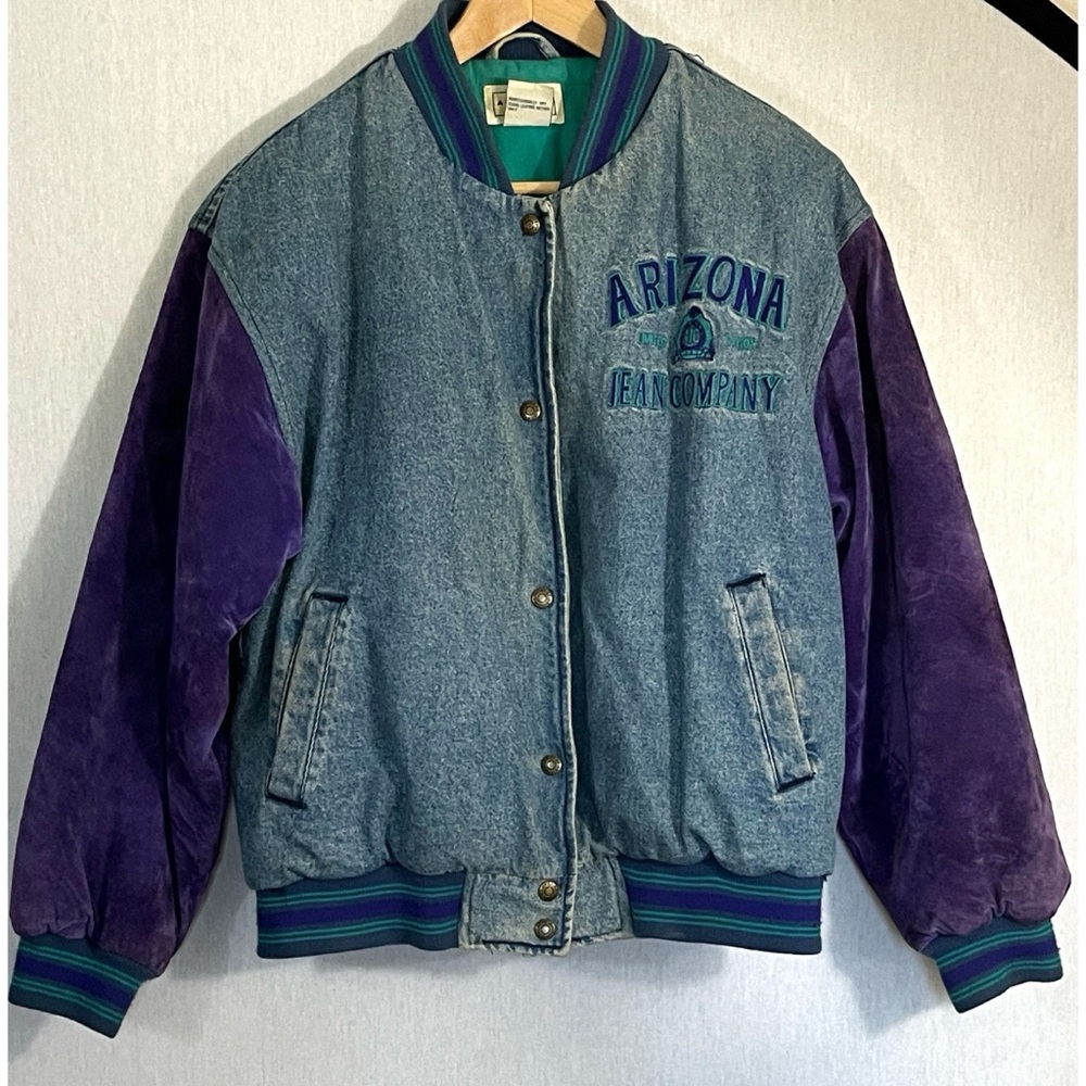Vintage 90s Orig Arizona Jean Co denim purple suede varsity bomber jacket Y2K